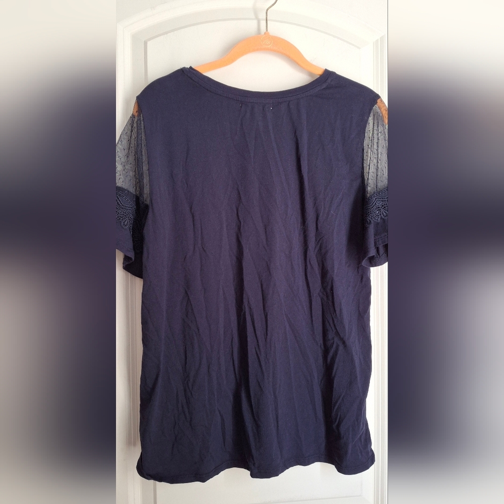 Retrology Solid Navy Blue Short Sheer Lace Accent Sleeve Shirt Women's Sz Large